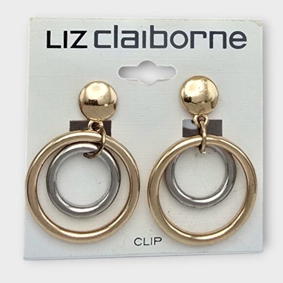 Liz Claiborne Gold Silver Double Hoop Clip-On Earrings NWT – Retro 80s 90s - Picture 3 of 7